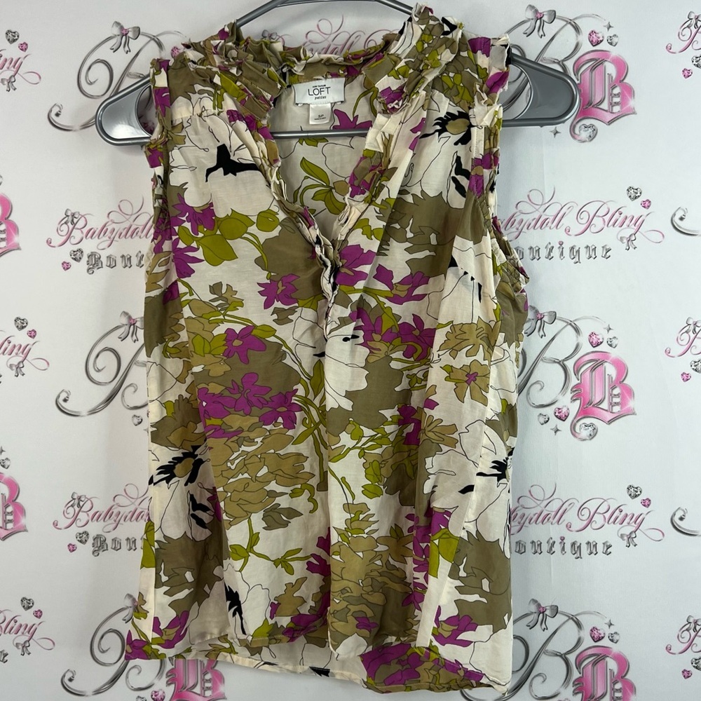 Ann Taylor LOFT tank top flowers Floral Sleeveless Blouse - Olive and Magenta